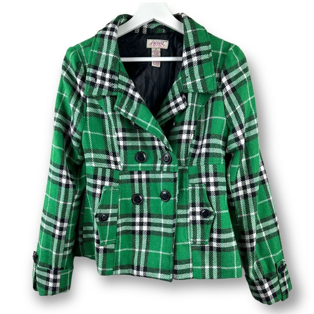 Aviva wool blend green plaid jacket size M